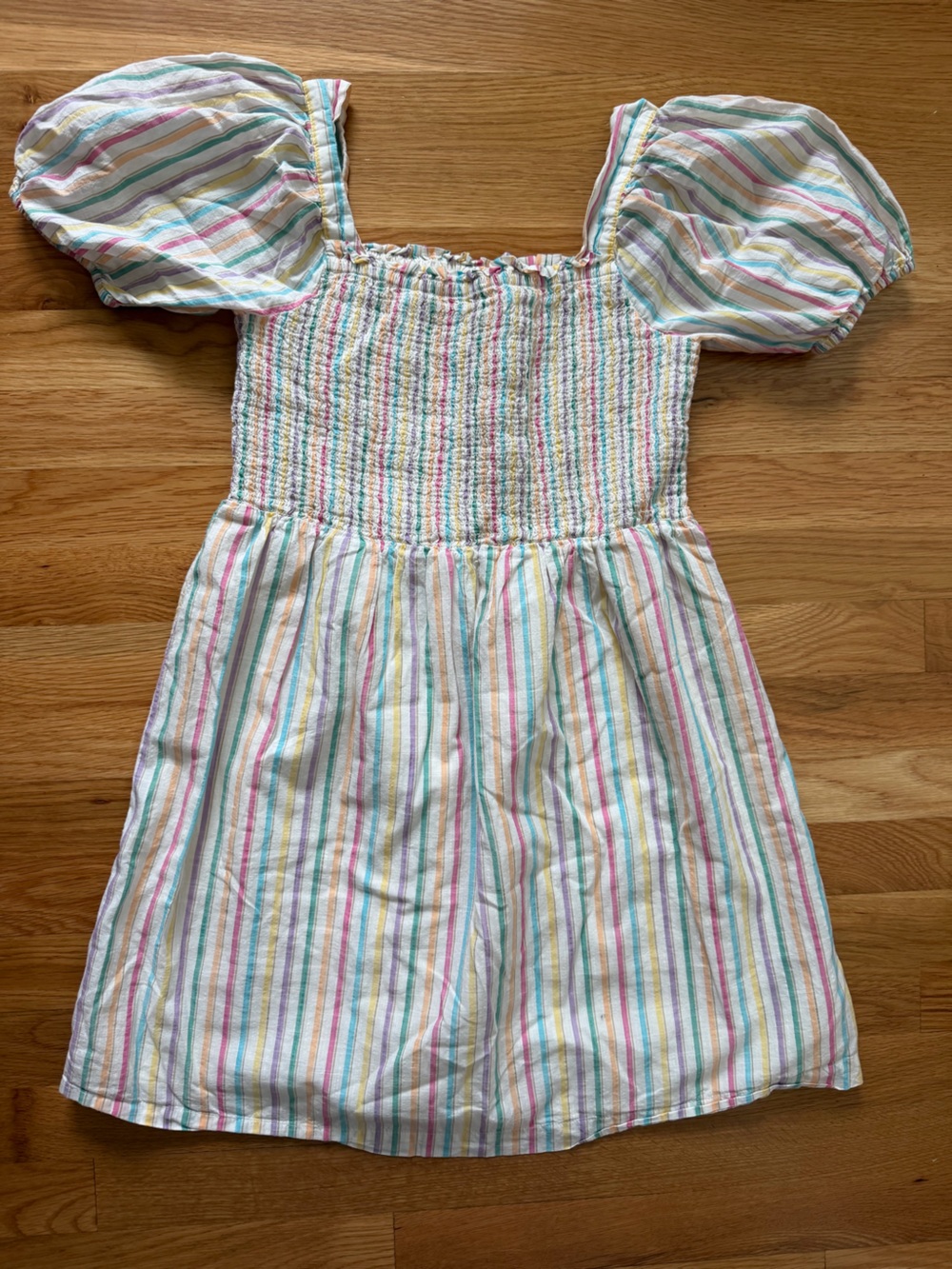 GAP Kids Girls XL Pastel Rainbow Stripe Smocked Puff Sleeve Dress